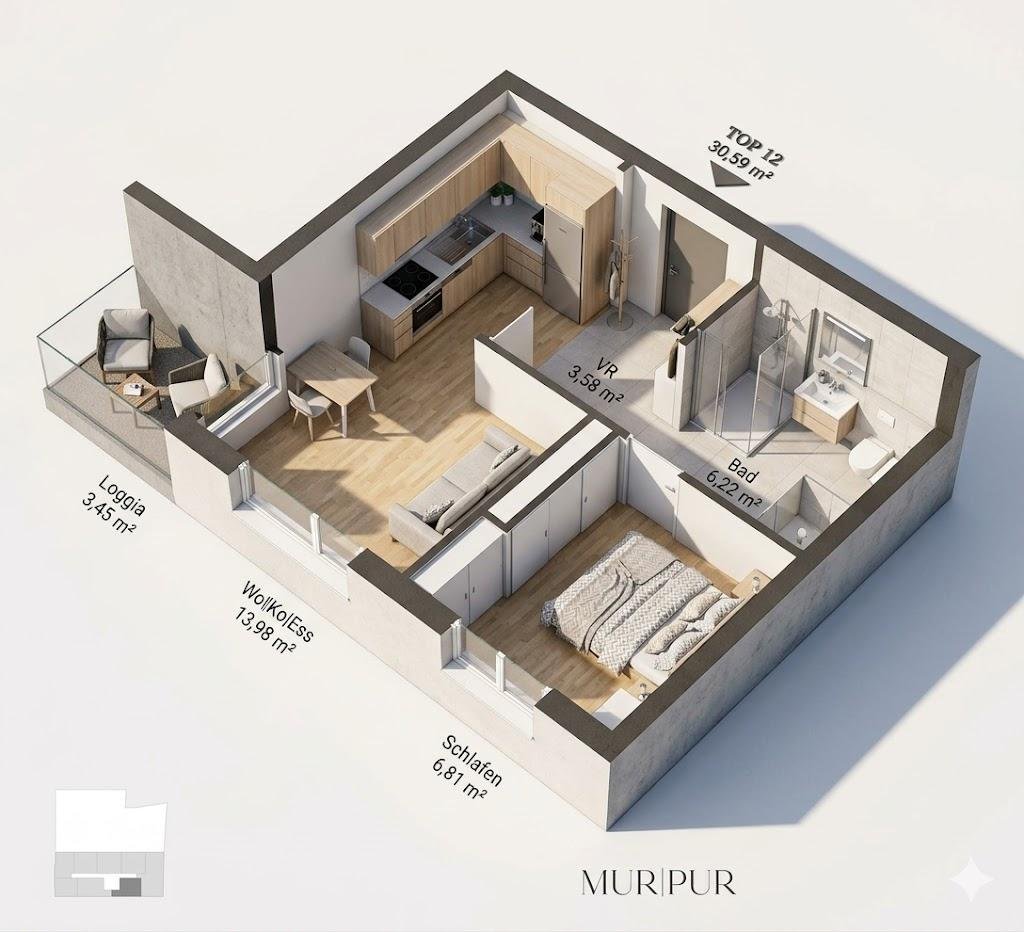 PURE ON THE MUR RIVER – FÜR ANLEGER- unser neues Wohnprojekt an Mur – TOP 12; MP